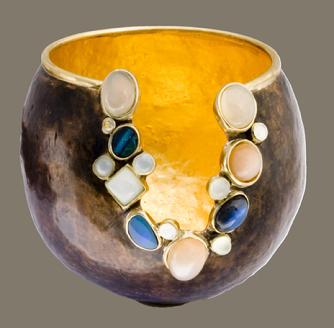 hadn raised copper vessel,24K gold, moonstones, gems